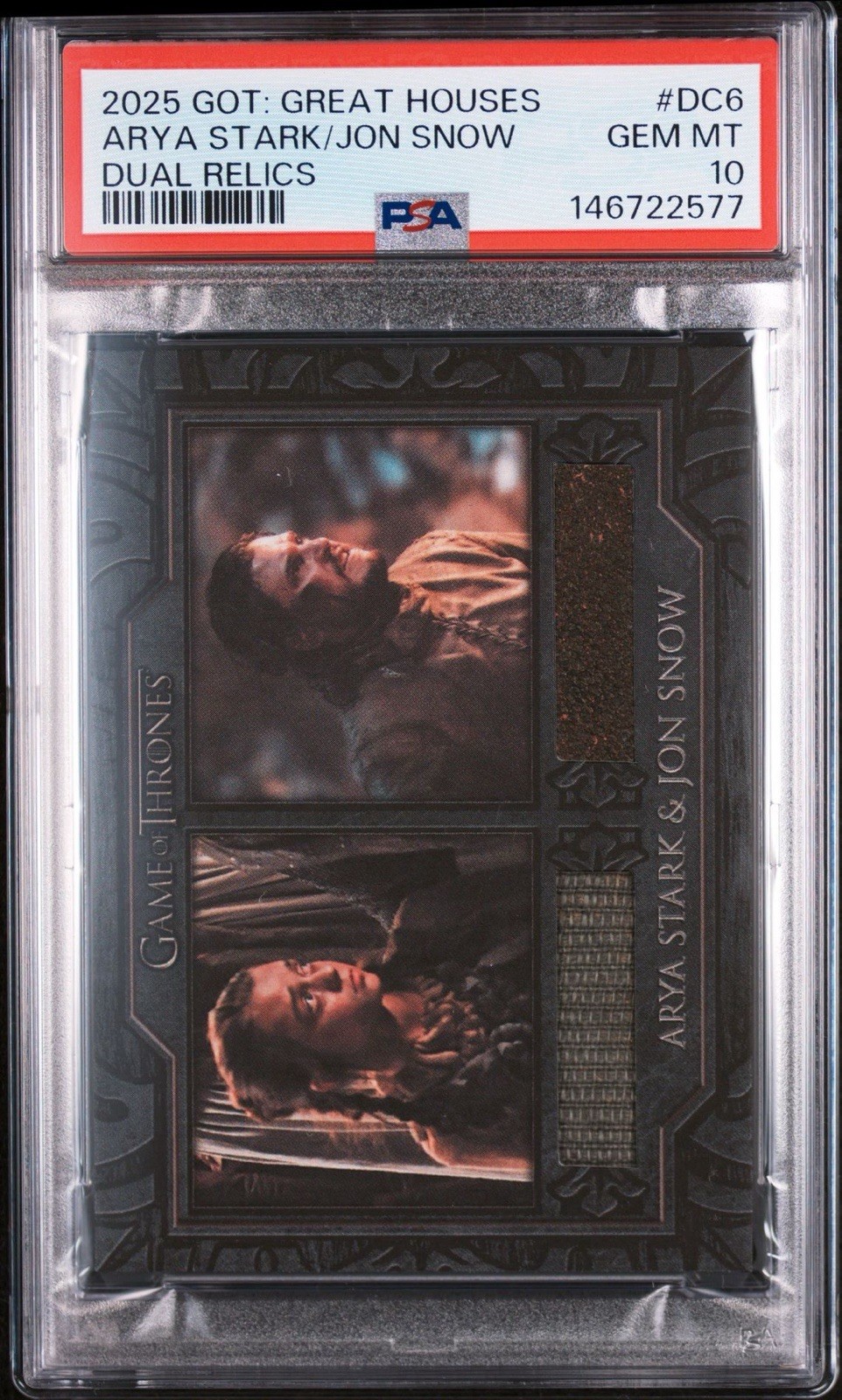 PSA 10 GM 2025 RITTENHOUSE GAME OF THRONES DUAL RELICS ARYA STARK & JON SNOW DC6