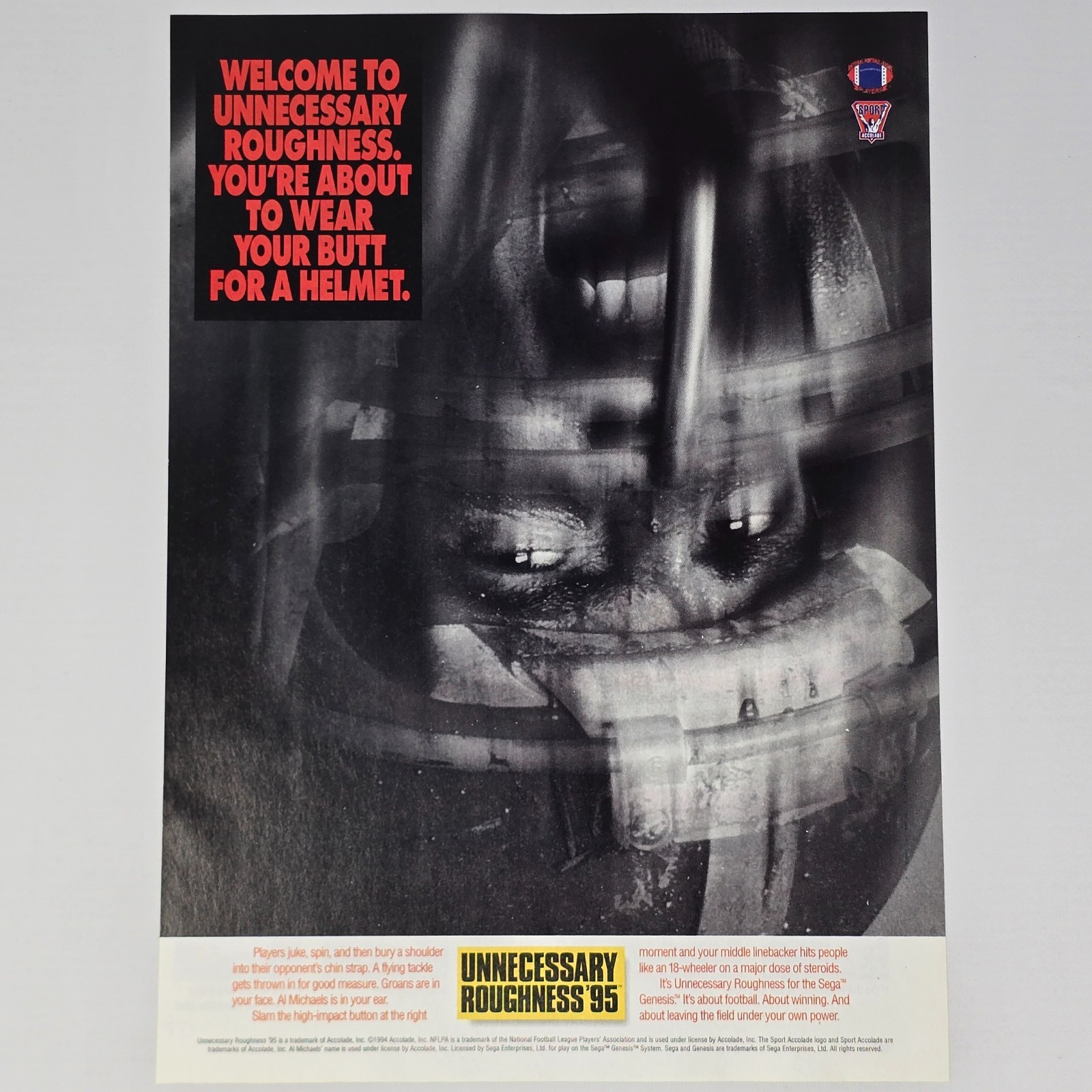 Unnecessary Roughness 95 Sega Genesis A Helmet Print Ad/Poster