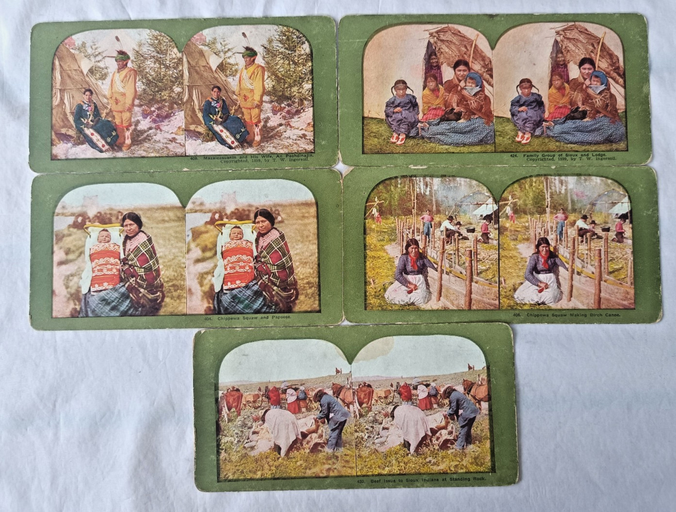 Lot of 5 Antique 1900s Native American Stereoviews T.W. Ingersoll Color Lithos
