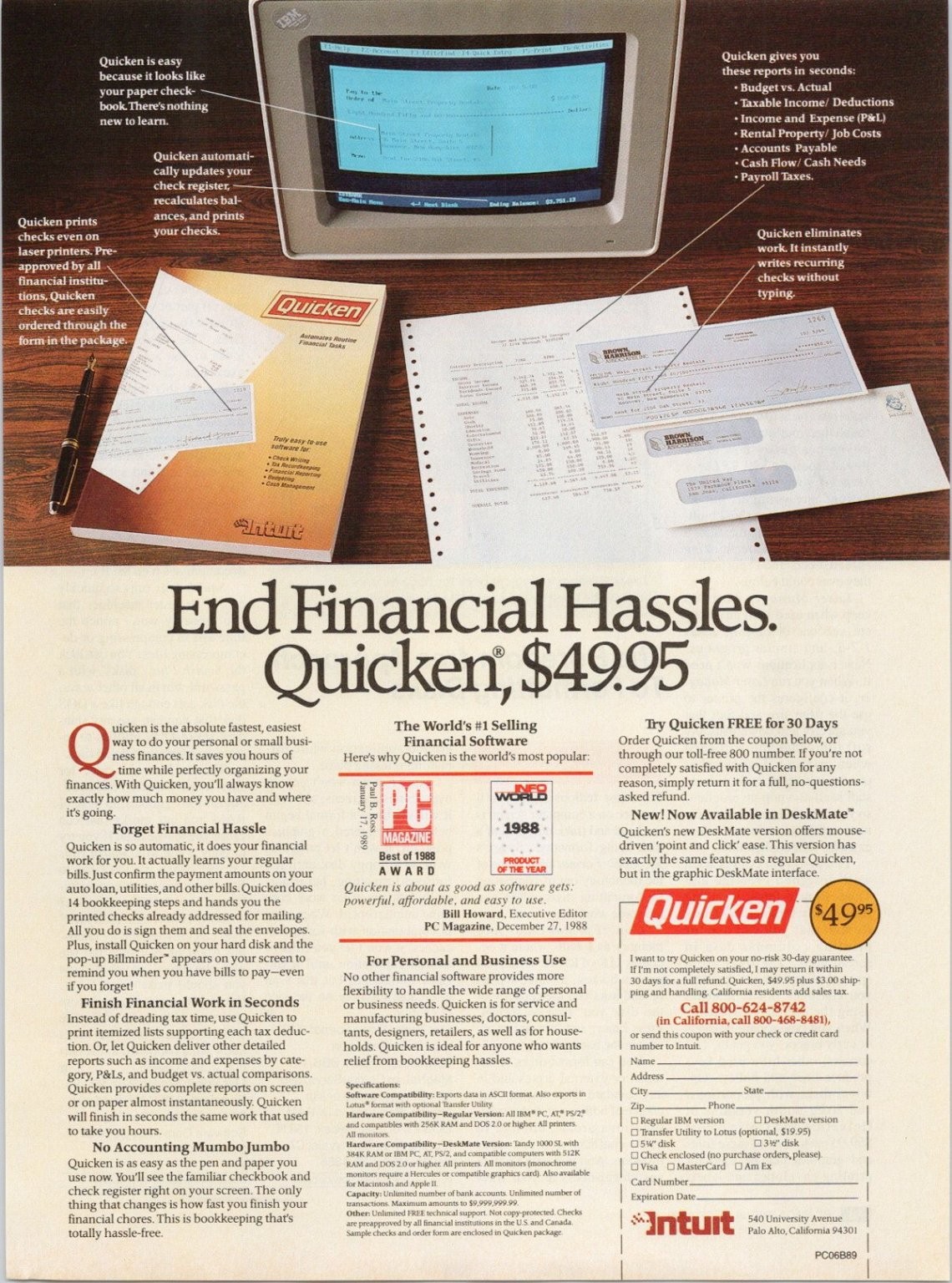 Quicken IBM PC Vintage 1989 Magazine Ad Computer Software Financial 1980s
