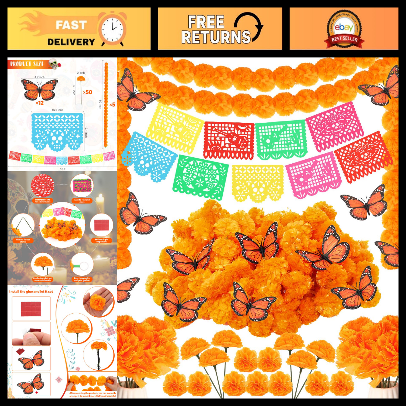68 Pcs Day of the Dead Decor Set - Mexican Party Banners, Marigold Flowers & But