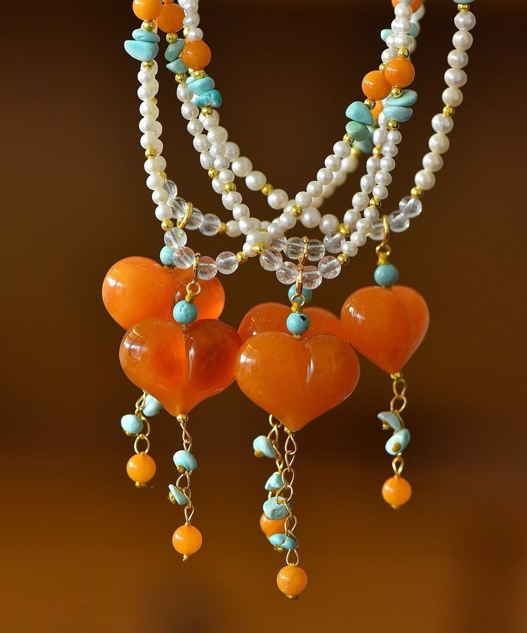 1pc Baltic amber HEART pendant Pearl and Turquoise Necklace