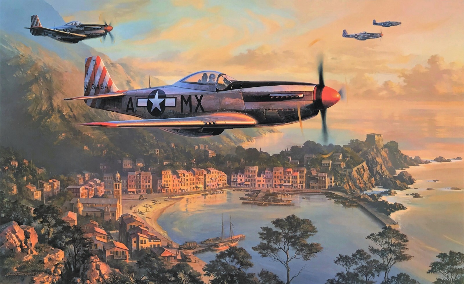 Mustangs Over the Mediterranean AP by Nicolas Trudgian Signed by 4 Mustang Aces