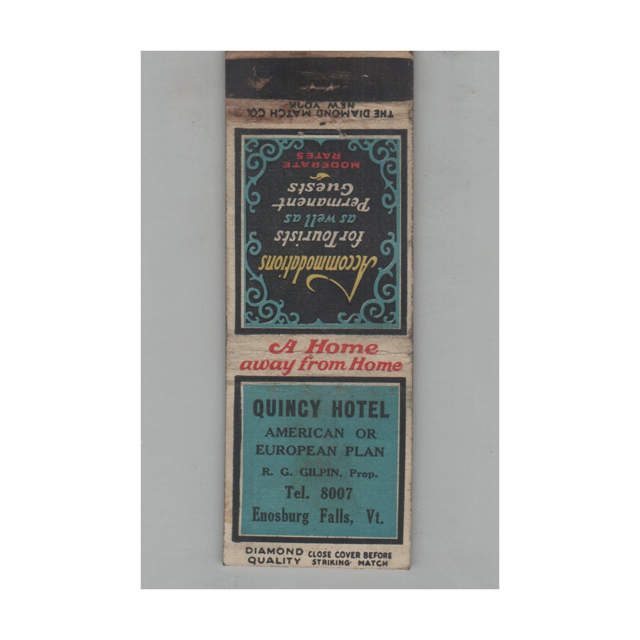 1920s-1930s Diamond Quality Matchbook Cover Quincy Hotel Enosburg Falls VT