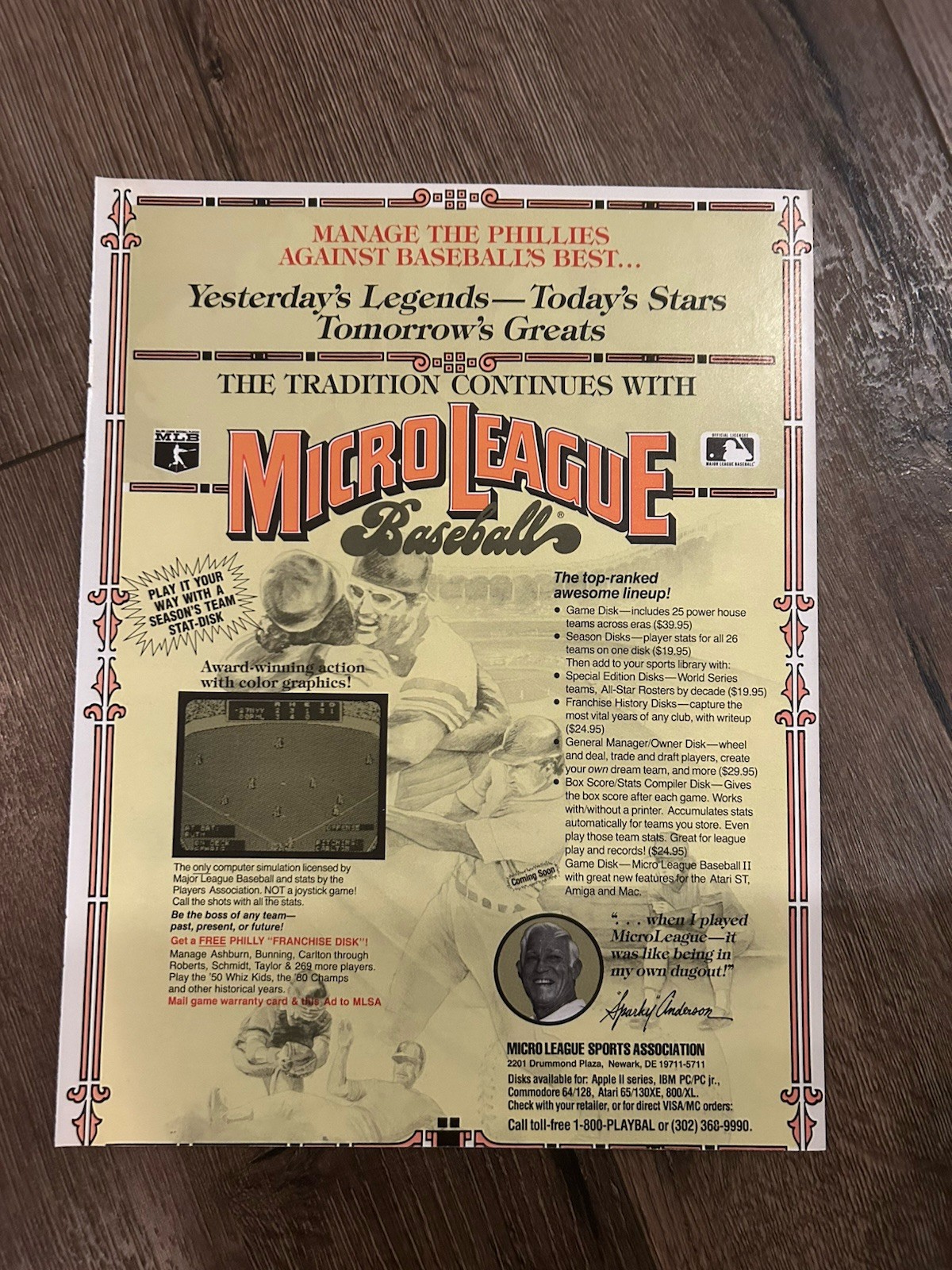 MICRO LEAGUE BASEBALL Poster Print Ad Photo 8” x 11” Computer Video Game 1987
