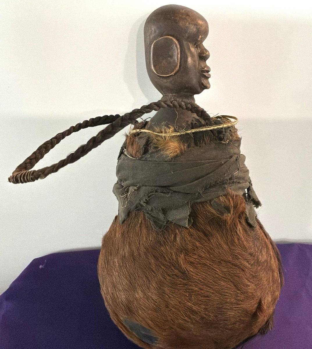 TALL VINTAGE EAST AFRICAN TANZANIAN FUR COVERED GOURD WITH FIGURAL STOPPER