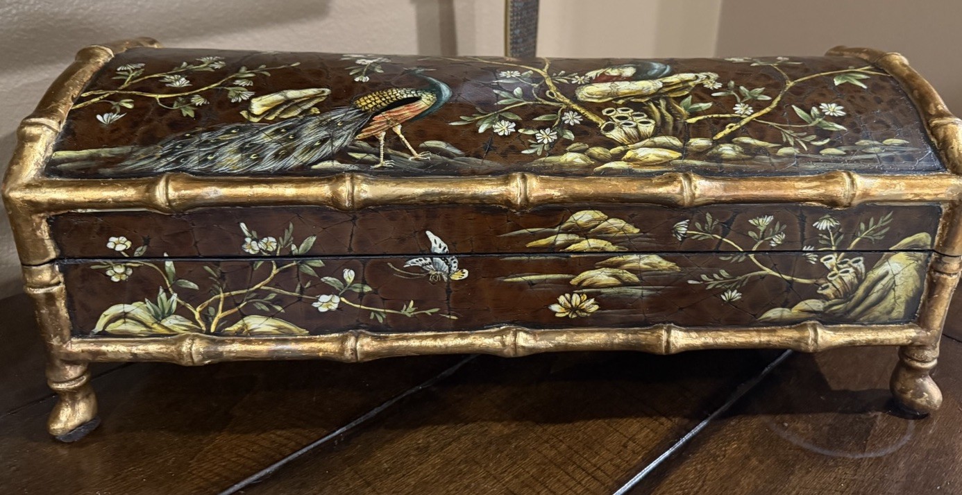 Vintage Chinoiserie Faux Bamboo Box Chest Dutch Tree of Life Painted Peacock 18