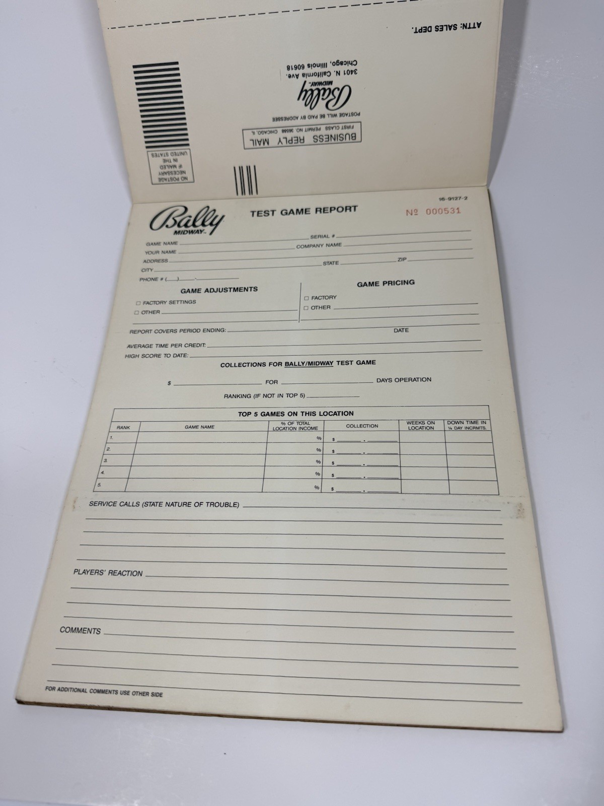 Vintage BALLY/MIDWAY Master Test Report Pinball