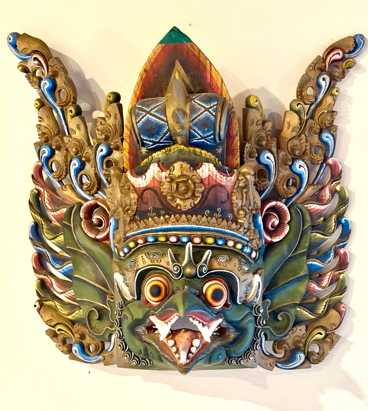 Large Vibrant Balinese Barong Hand Carved Wooden Mask Wall Decor-19 Inches tall