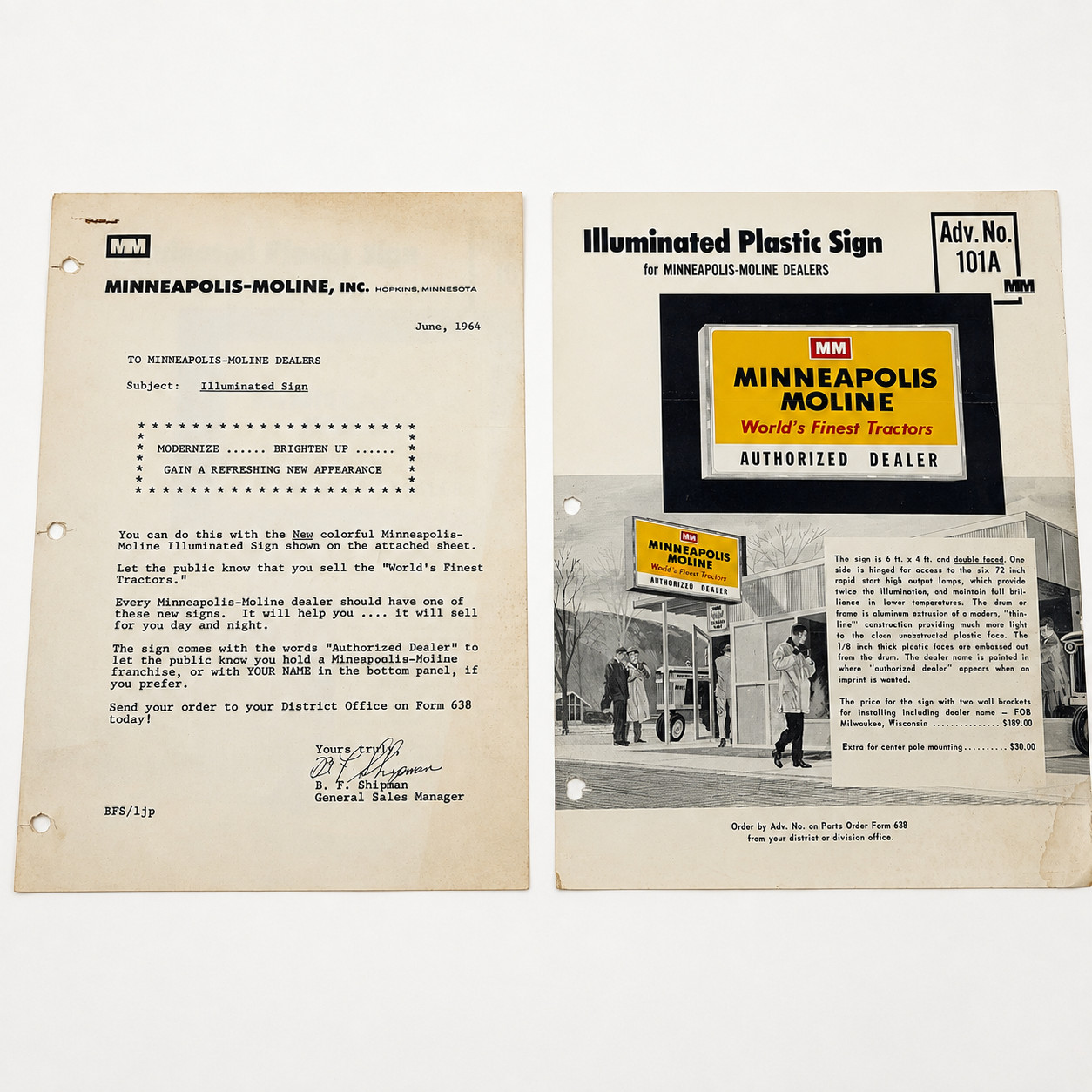 1964 Minneapolis Moline Illuminated Dealer Sign Sales Sheet Adv No 101A Rare