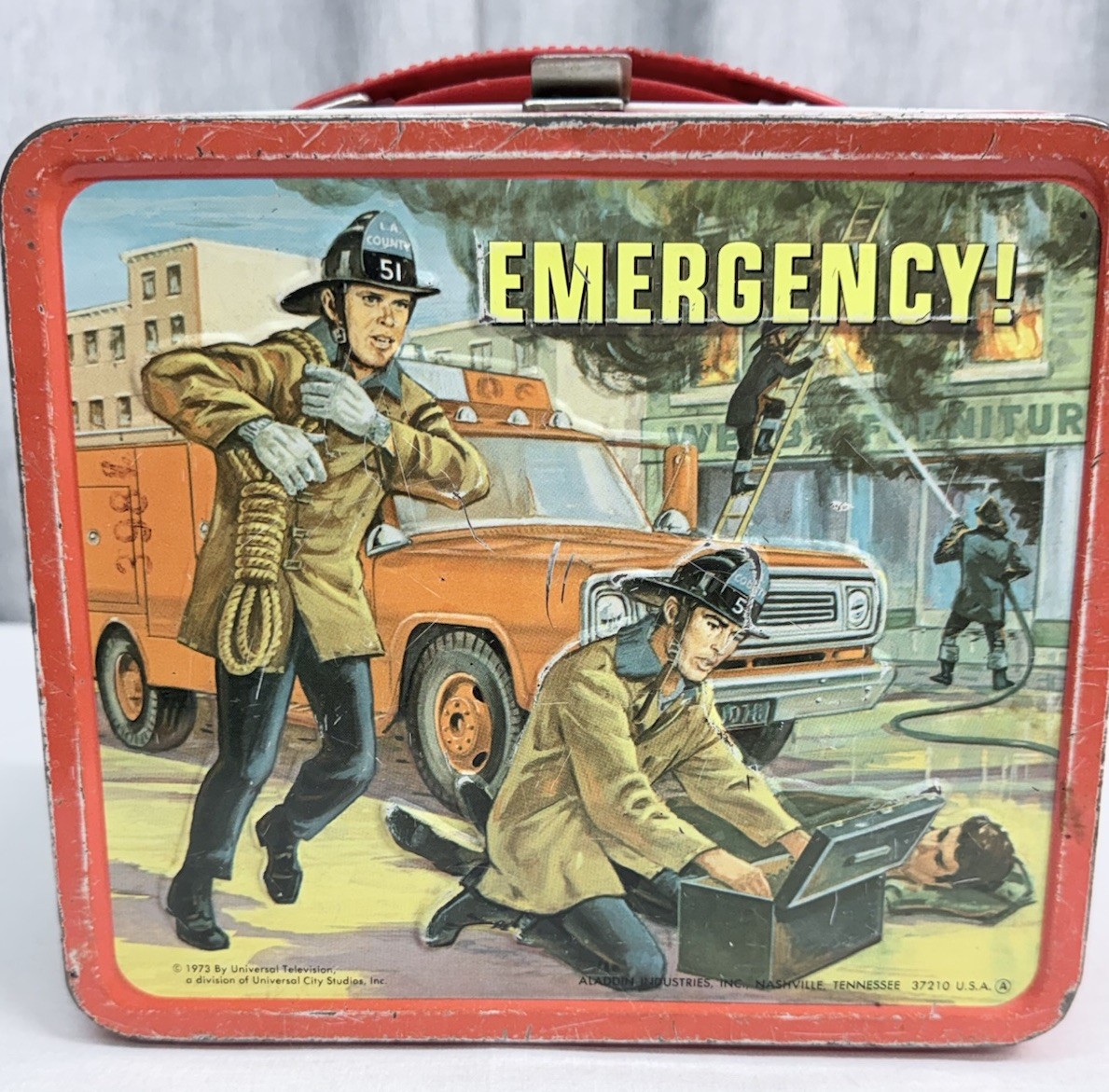 Vintage 1973 Emergency Metal Lunchbox Aladdin Squad 51 Firefighter Paramedic