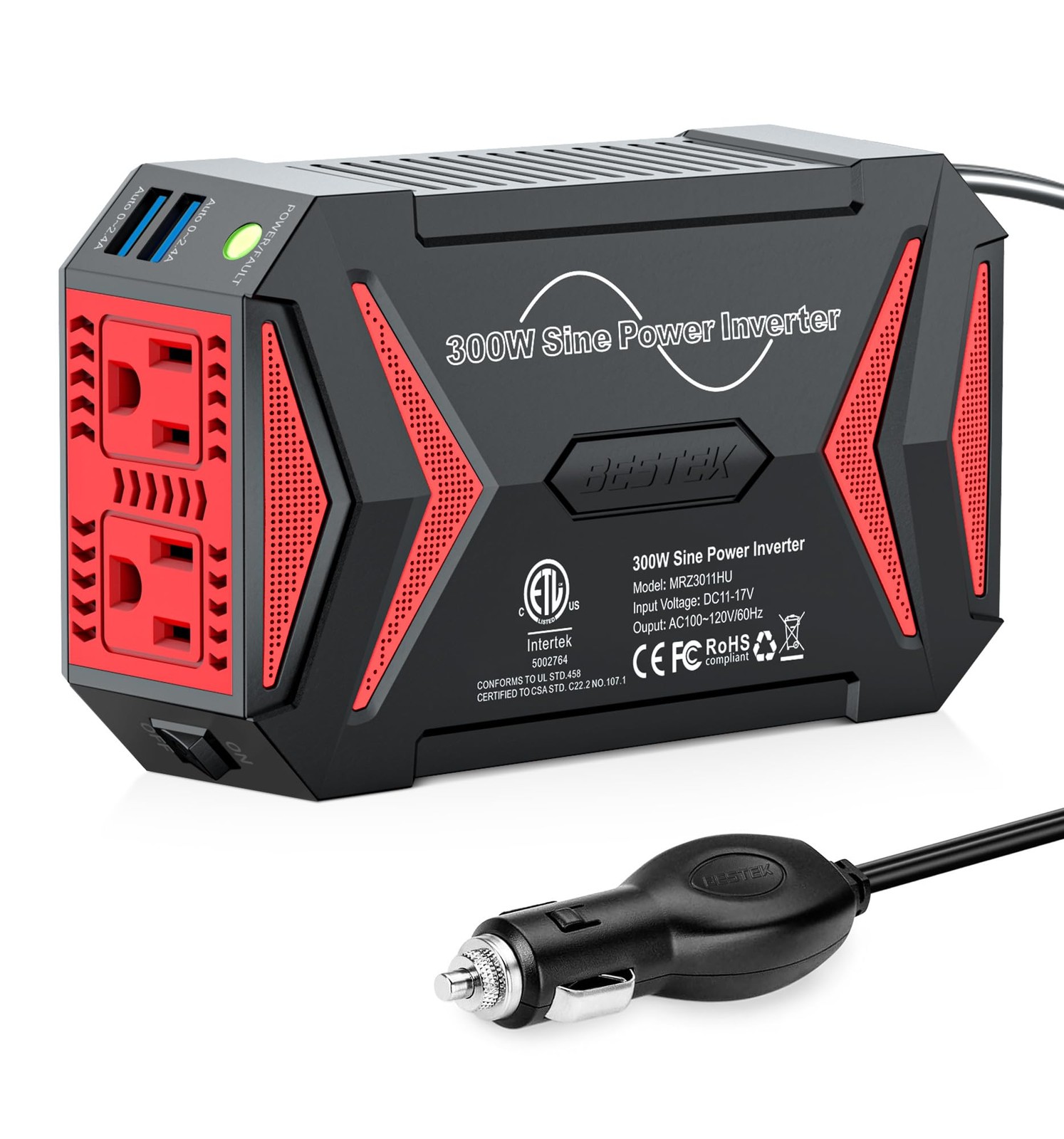 BESTEK Pure Sine Wave Power Inverter, 300W DC 12-17V to 110V AC Car Adapter