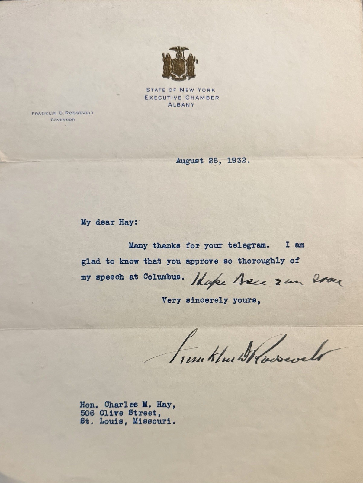 Franklin Roosevelt 1932 Typed Letter Signed as Governor & Presidential Nominee