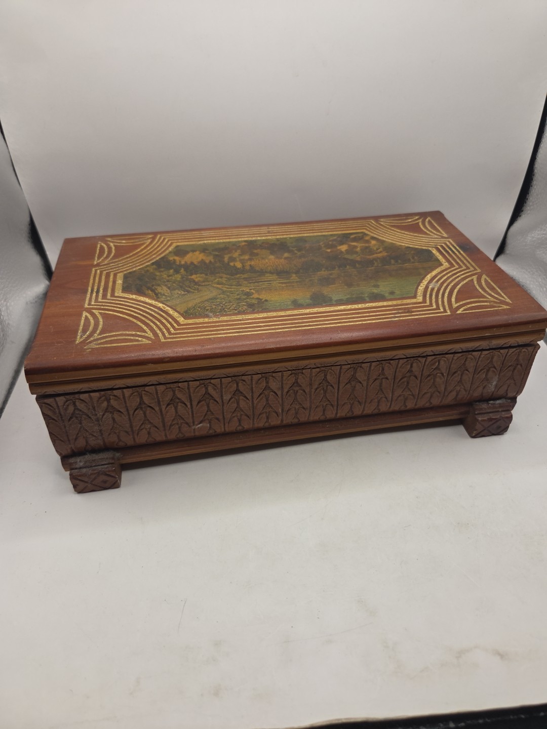 Vintage Handmade Carved Wooden Fishing Image Men's Trinket Box Made in 1948