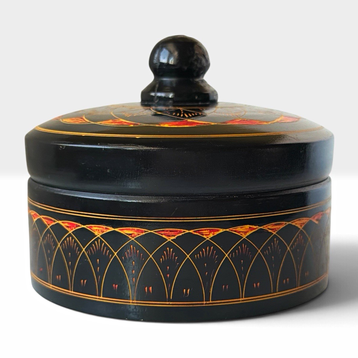 Vintage Hand Painted Turned Wood Lidded Box Black Red Gold Asian Folk Art
