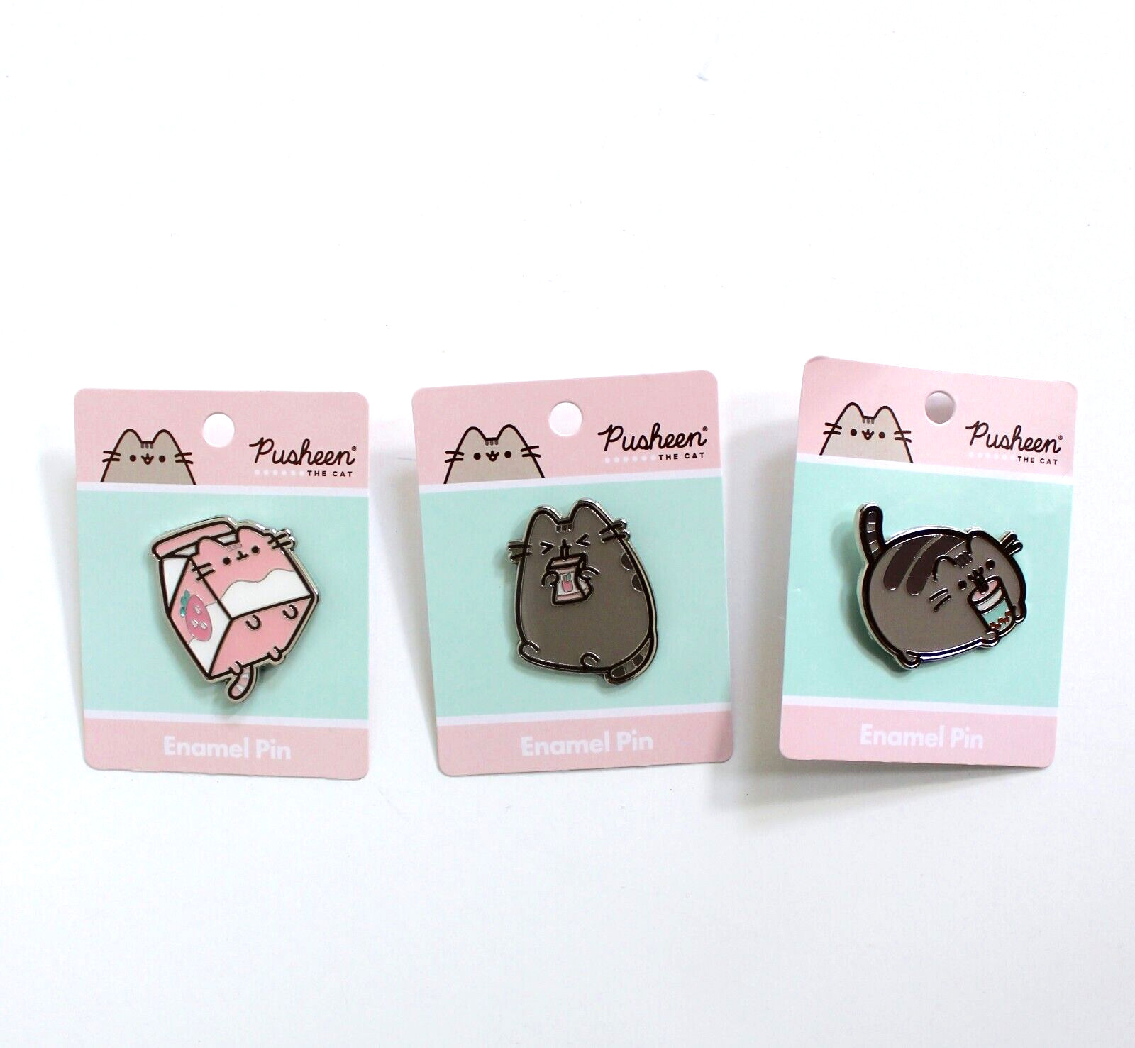 Pusheen The Cat Enamel Pins Set of 3 Boba, Strawberry Milk, Apple Juice NEW