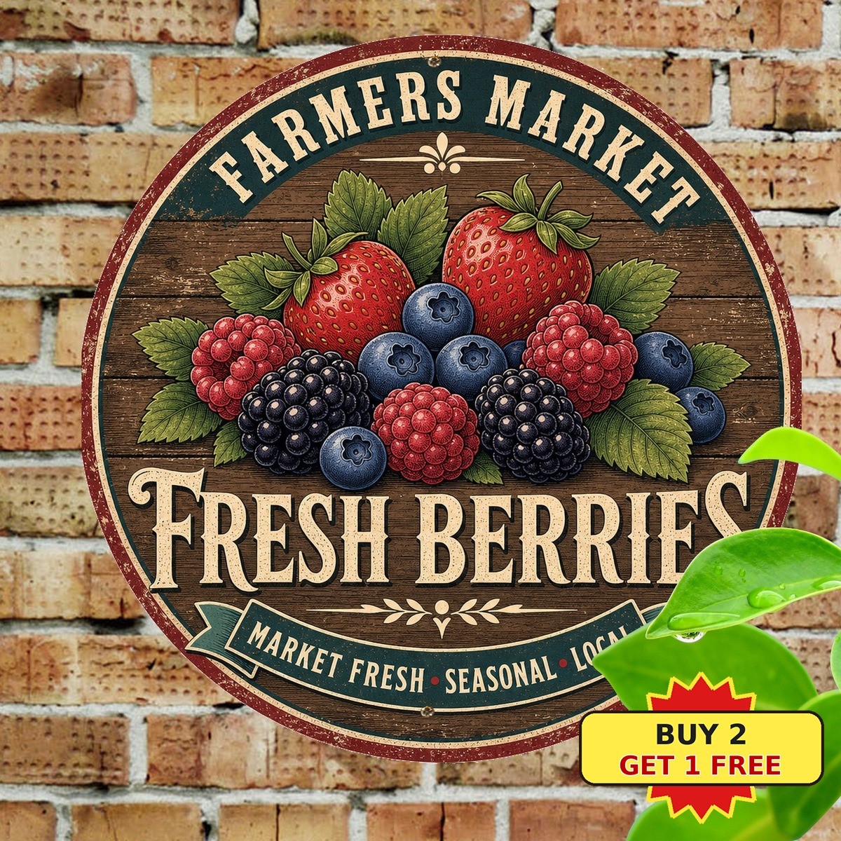 Farmers Market Fresh Berries Harvest Strawberries Round Tin Sign Kitchen Decor