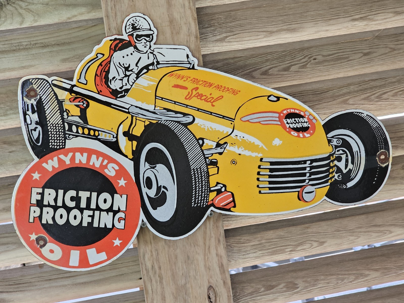 GIANT VINTAGE WYNN'S RACE CAR PORCELAIN SIGN CAR GAS OIL TRUCK 2 FEET LONG 