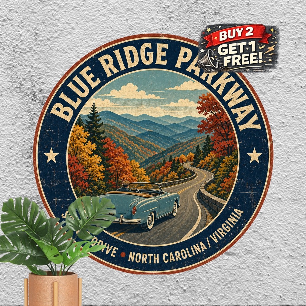 Blue Ridge Parkway Highway 8x8 Round Metal Tin Sign Travel Decor