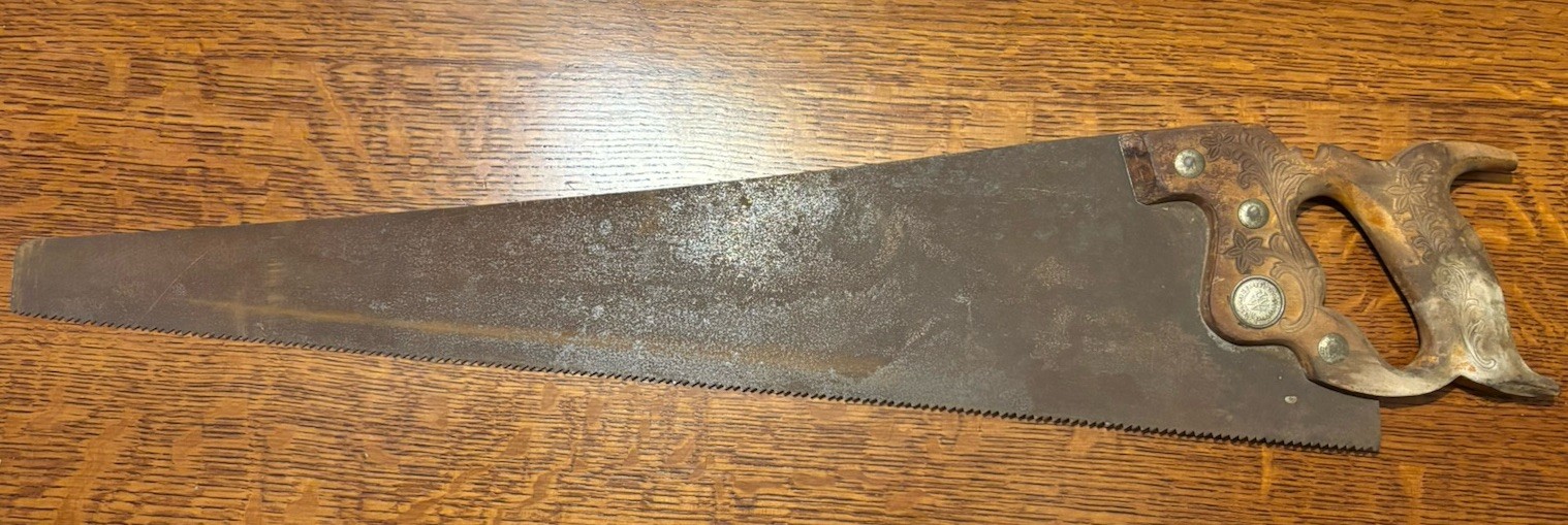 Antique E.C. Atkins 26.5” 7 TPI Hand Saw Ornate Carved Handle Indianapolis