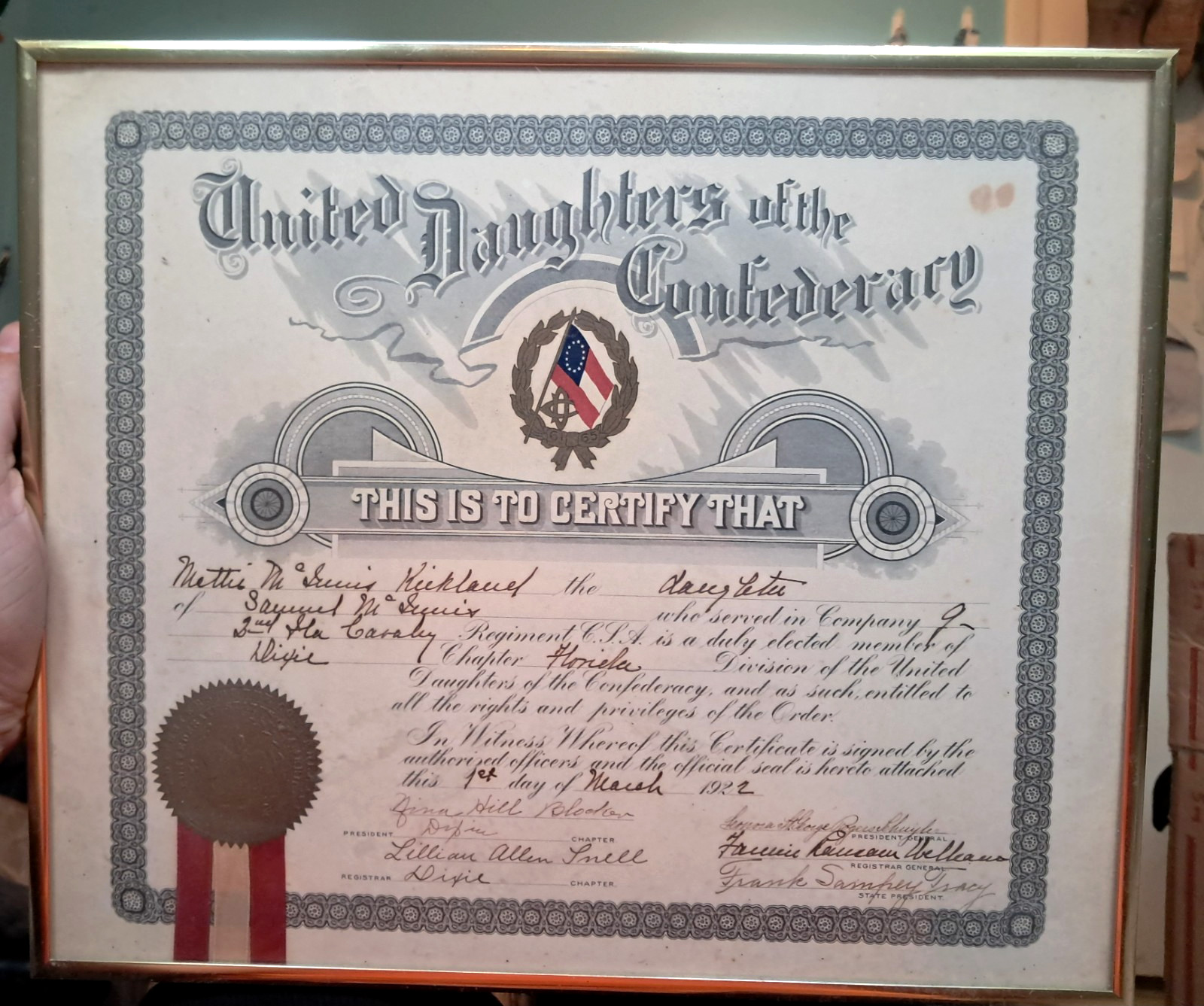 2nd Florida Confederate Calvary Daughters Of The Confederacy  Certificate 1922