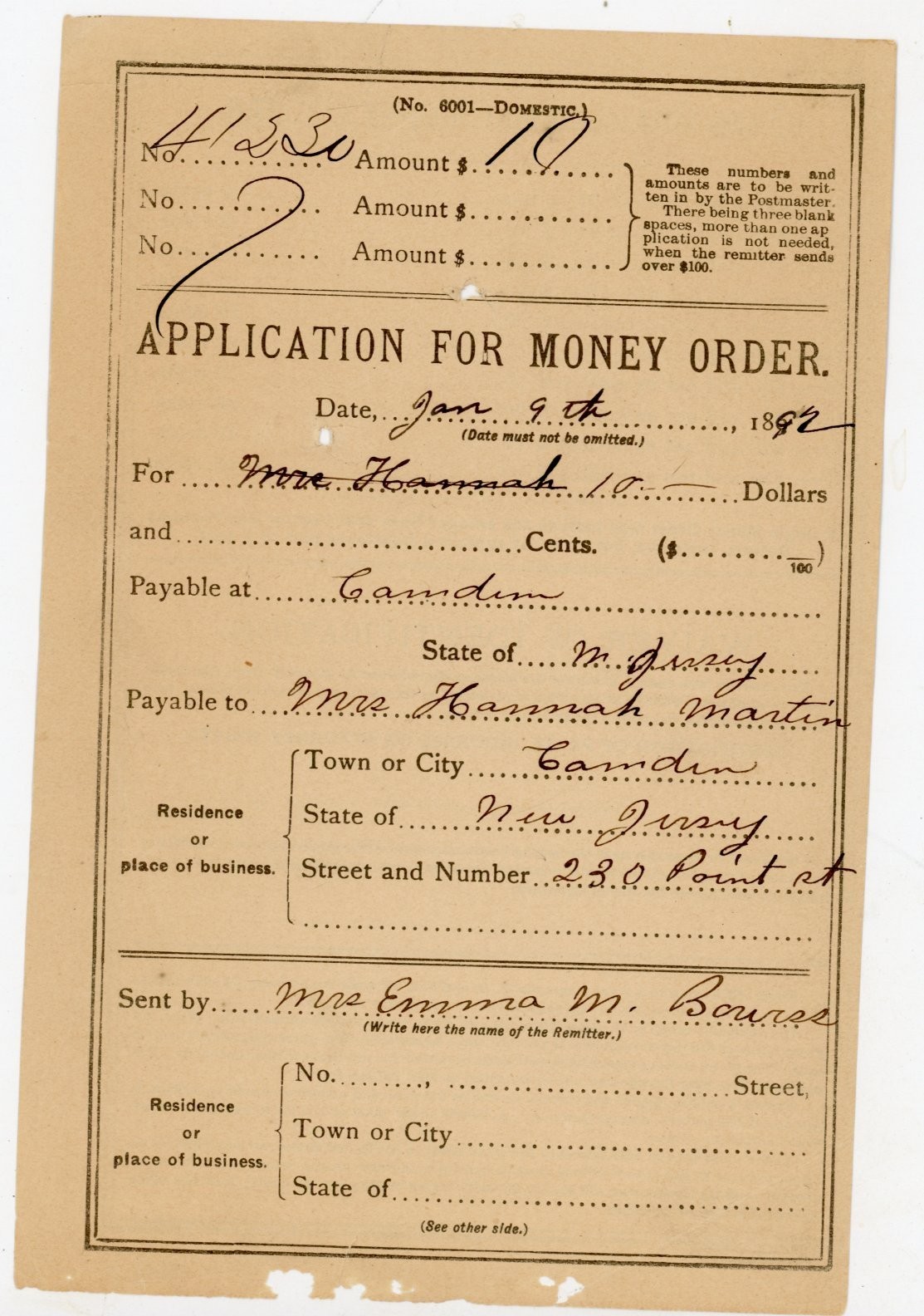 1892 Vintage USPS Application for Money Order Camden New Jersey NJ Ephemera Pape
