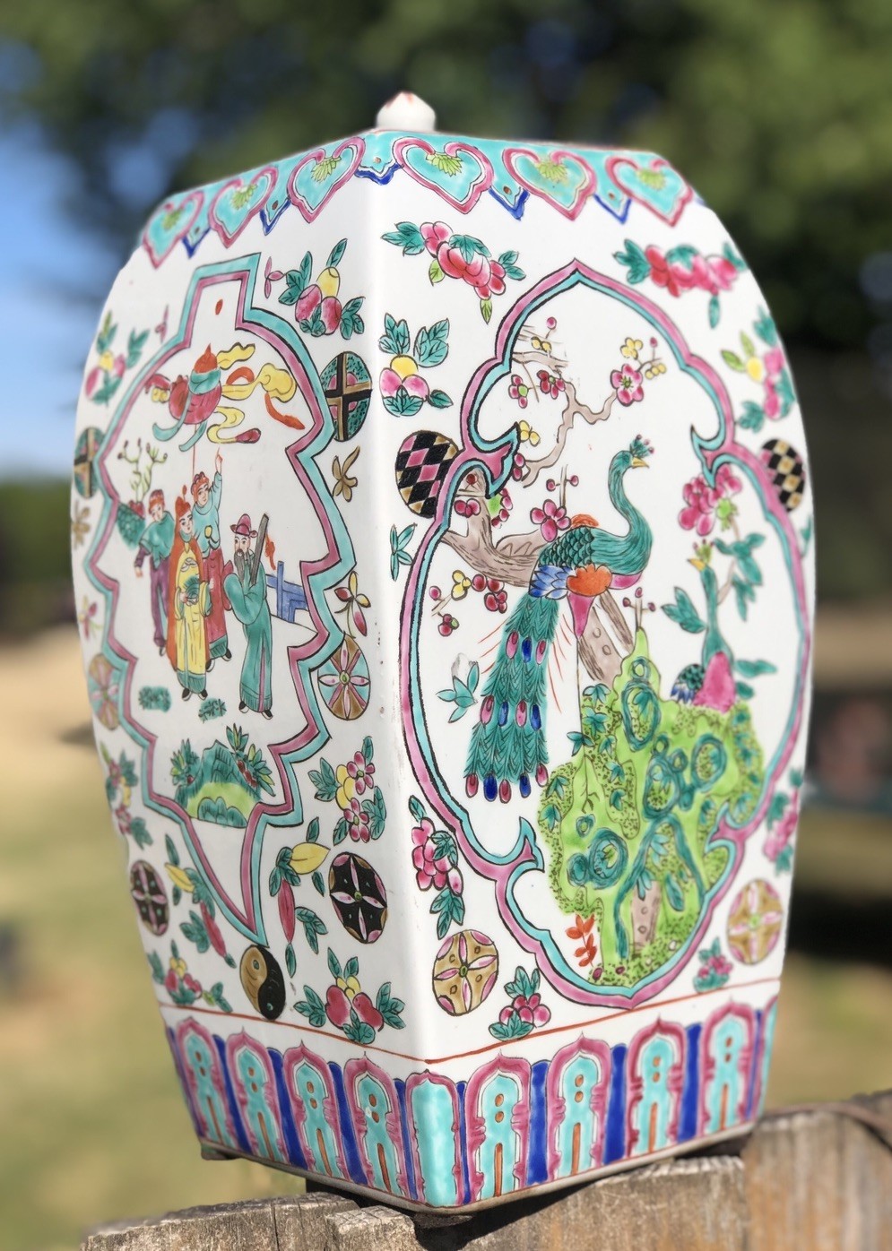 Antique Chinese Da Qing Tongzhi Ceramic Lidded Vase with Figural and Peacock