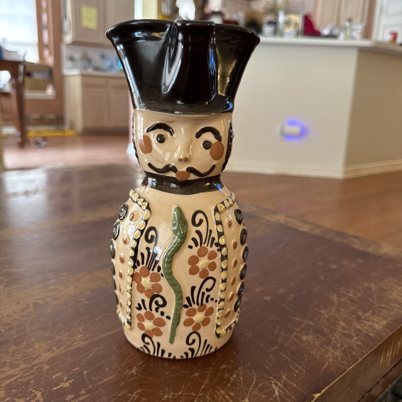 Hungarian Pitcher Folk Art Pottery Soldier Face Snake Flowers Handpainted 