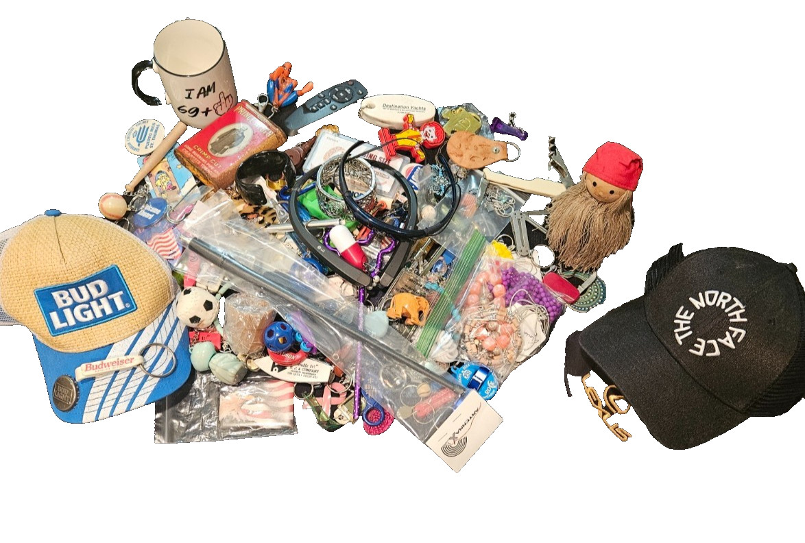 Huge 65+ Pc Junk Drawer Reseller Lot Keychains Hats Jewelry Tobacciana Headsets