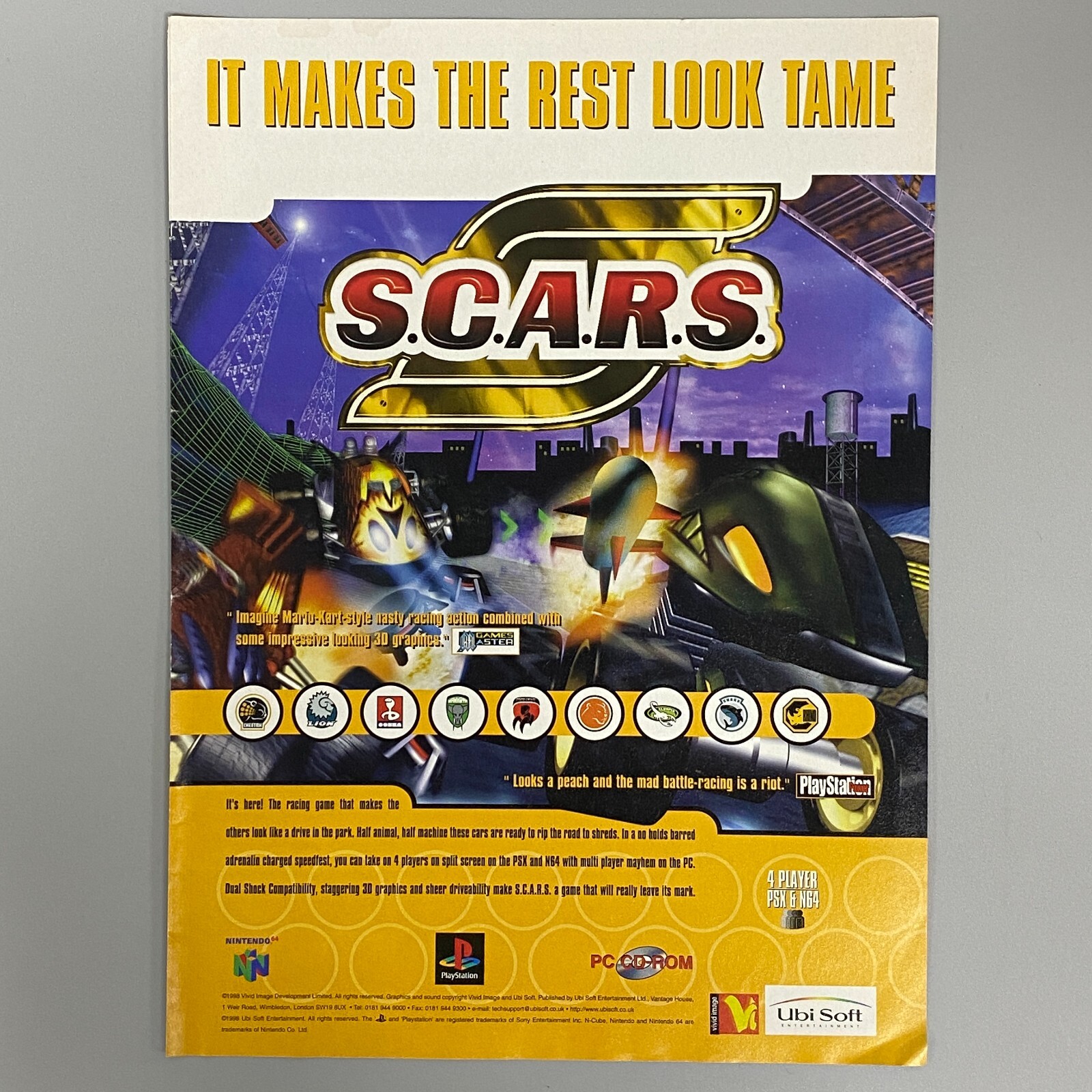 S.C.A.R.S. NINTENDO 64 SONY PLAYSTATION PC VIDEO GAME 1998 VINTAGE RETRO ADVERT