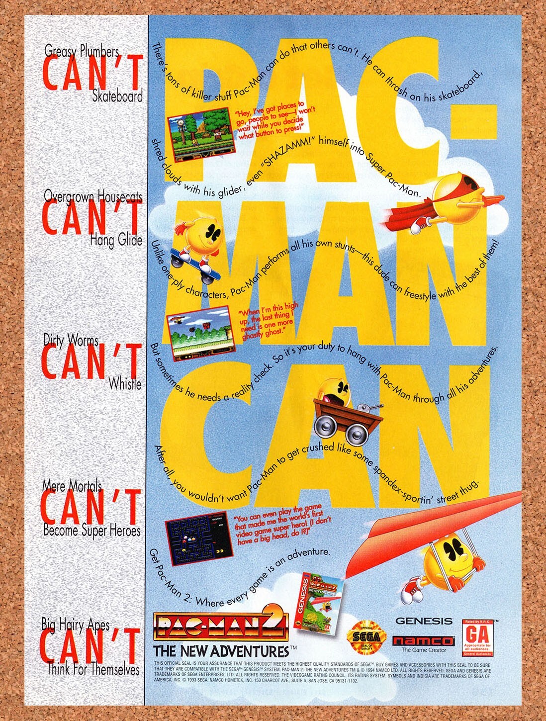 1994 Pac Man 2 Genesis Original Advertisement / Retro Wall Art v1