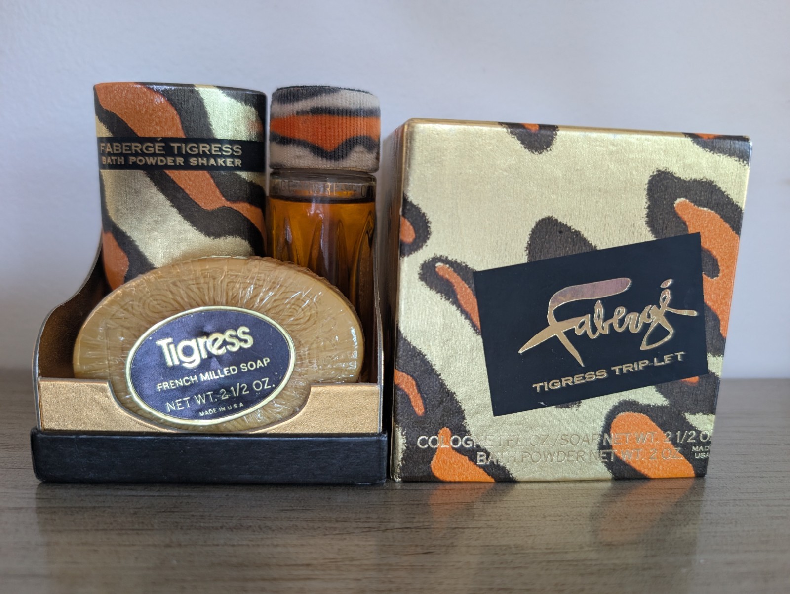 NEW Vintage Faberge Tigress Trip-Let Bath Powder Milled Bar Soap Cologne Box Set