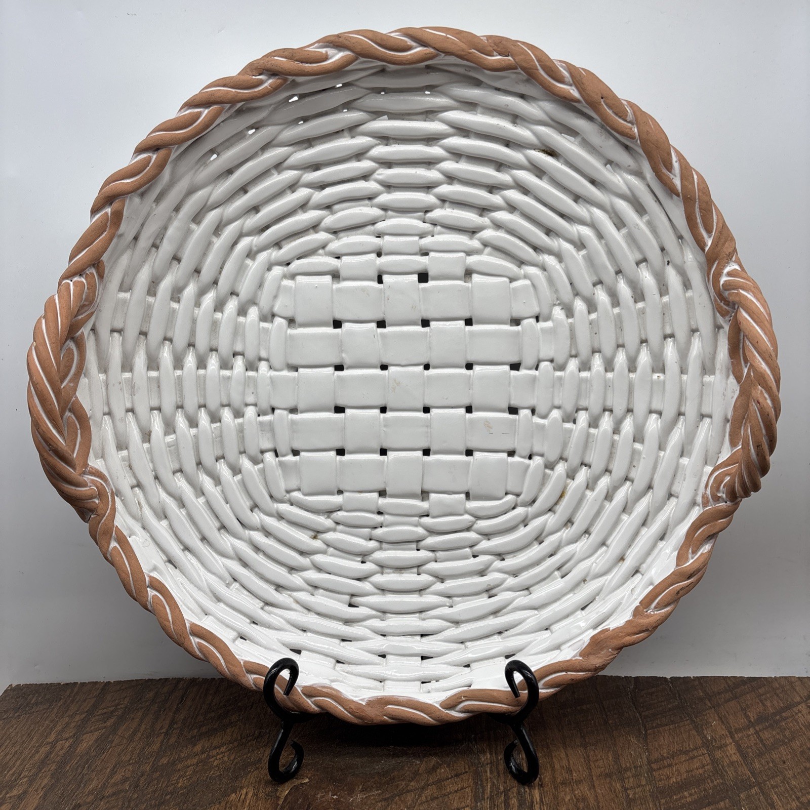 VTG Italian European Ceramiche Castellan White Hand Woven Terracotta Basket 14”