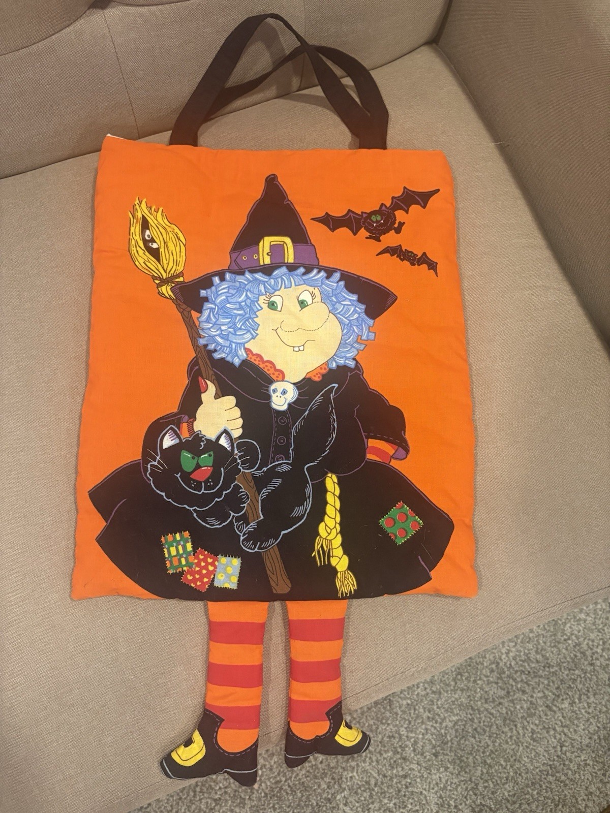Vintage Halloween Walking Witch Fabric Trick or Treat Bag - Retro 90s Candy Bag