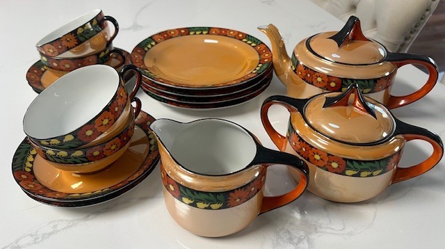 VTG Noritake Lusterware Hand Painted Tea Set 17 pc. Teacups Creamer Sugar RARE