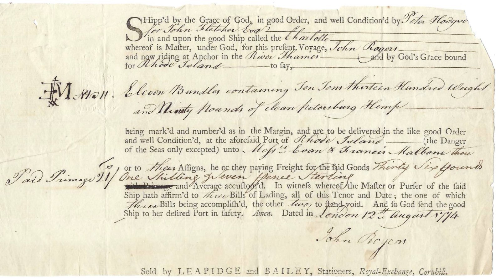 Colonial Ship Transports Peterburg Hemp To Rhode Island Merchants, Slave Owners