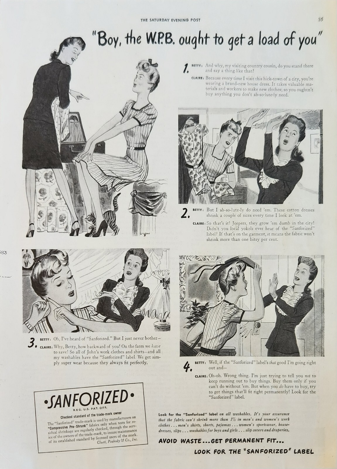1943 Sanforized Pre Shrunk fabrics Vintage Ad Boy WPB ought to get a load of you