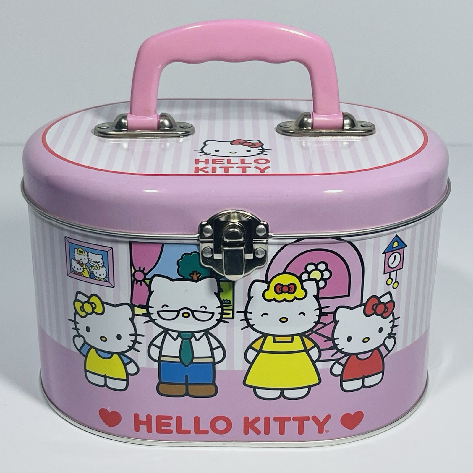 New Hello Kitty Pink Family Oval Metal Lunchbox Tin Case
