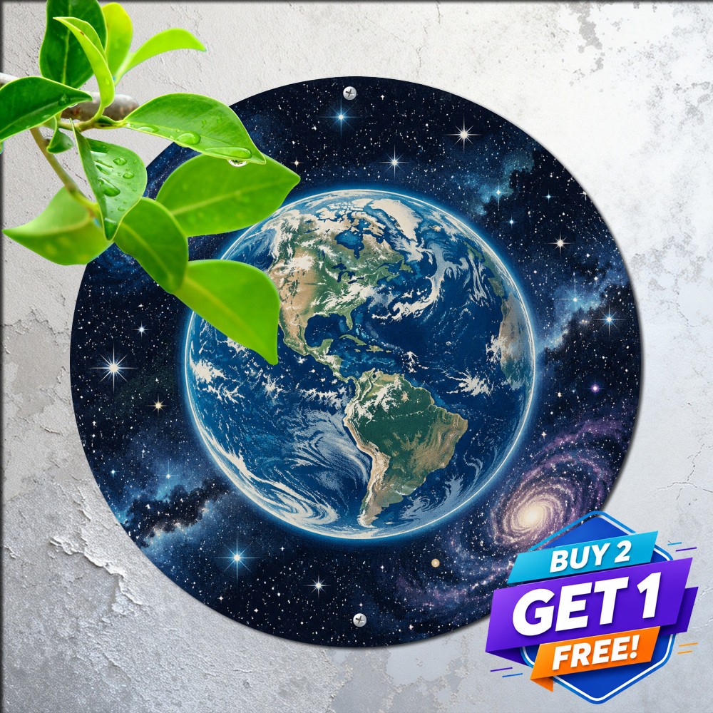 Planet Earth From Outer Space Starry Night Sky Round Metal Tin Sign Wall Art