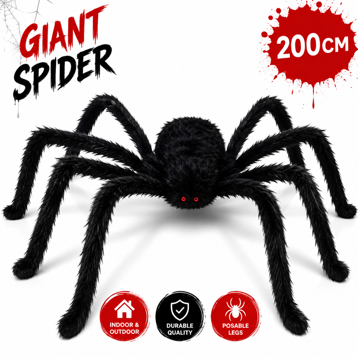 200cm Giant Plush Black Spider Halloween Decor Haunted House Prop Yard 1pcs