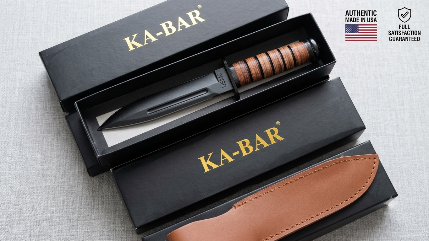 KA-BAR USMC 1217 Straight Edge Fighting Combat Knife Leather Handle & Sheath