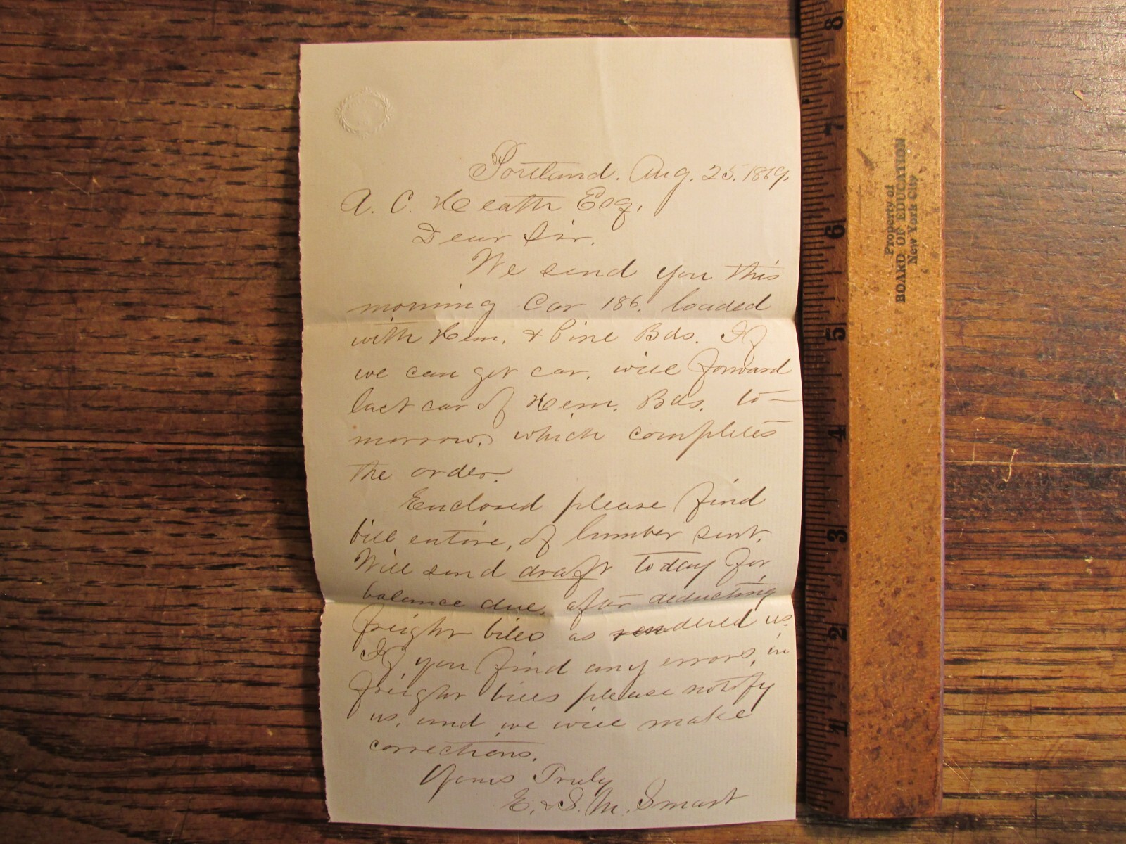 Antique Ephemera 1869 Portland Maine Letter re: Rail Shipment of Lumber