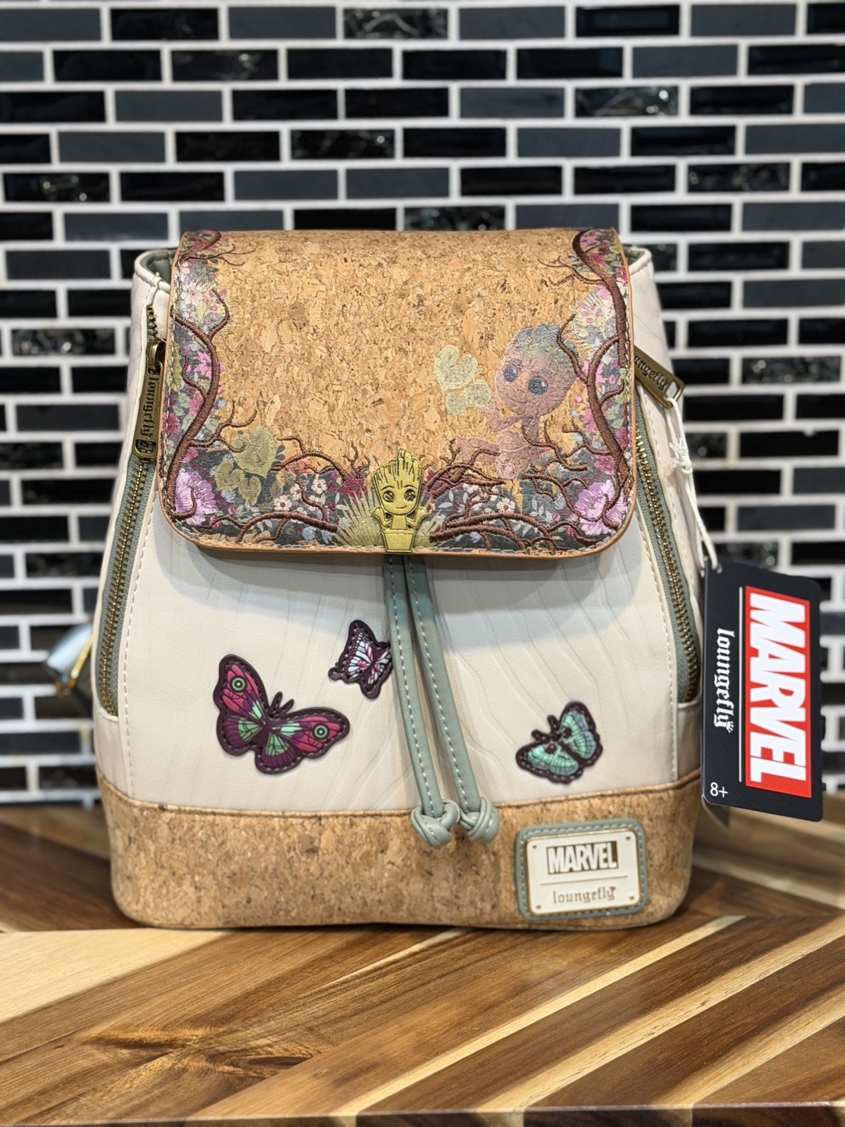 Loungefly Marvel Groot Mini Backpack Cork Flap Floral Butterfly Design