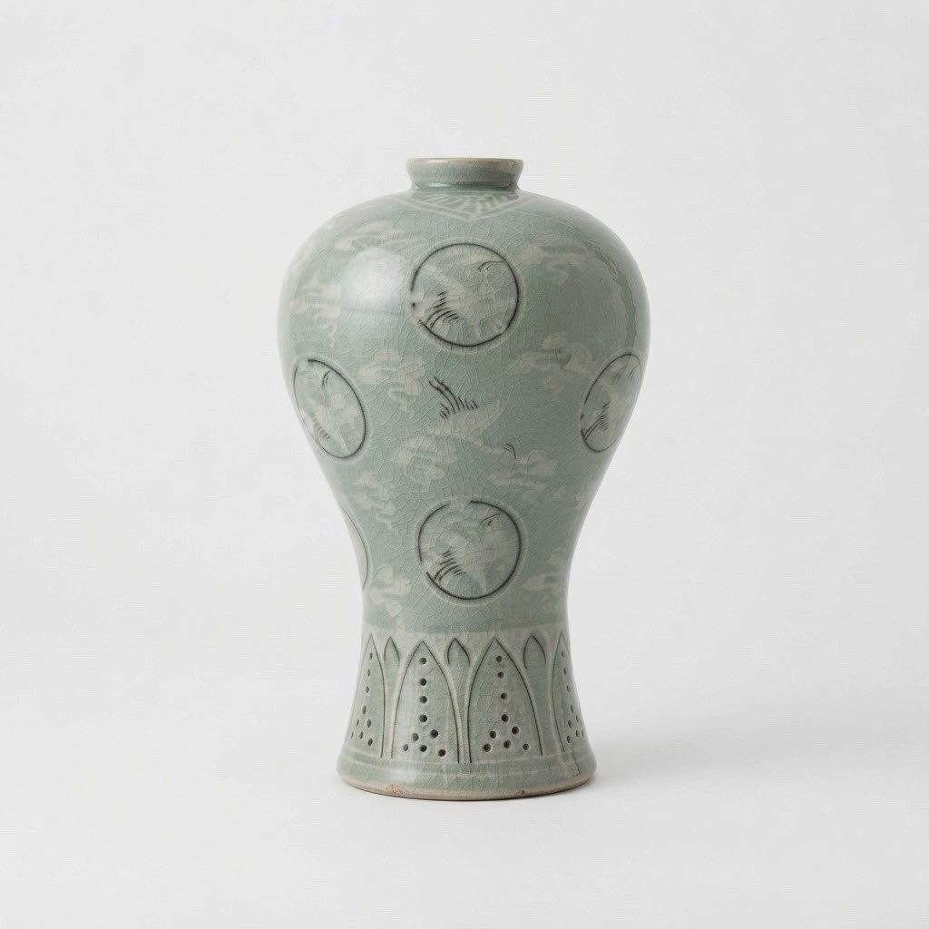 Vintage Korean Celadon Crane Vase Crackle Glaze Handcrafted Ceramic Decor 8.5\