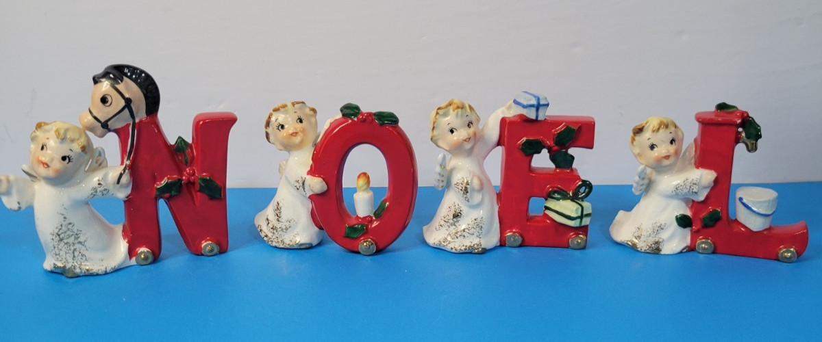 Vintage Napco Japan Ceramic Christmas Angel NOEL Ornament Set Letters RARE