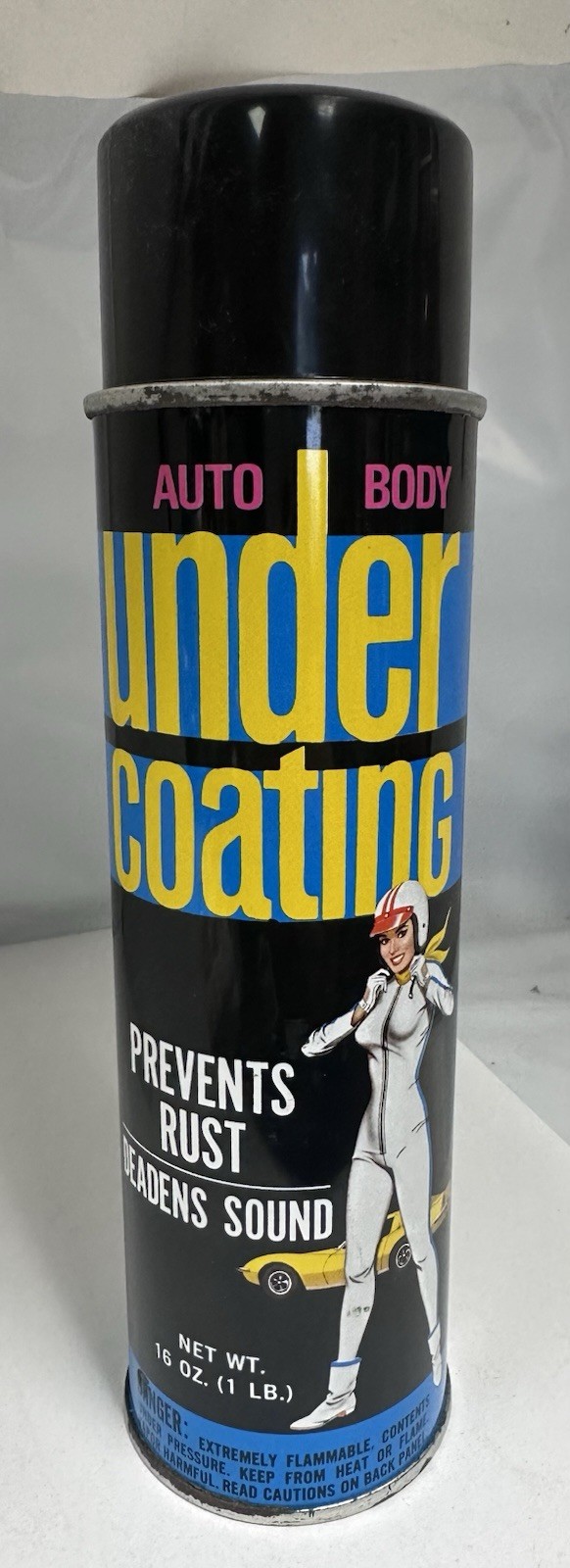 Vintage The Racers Under Coating Spray Can Pinup RacerGirl Corvette Label Unused