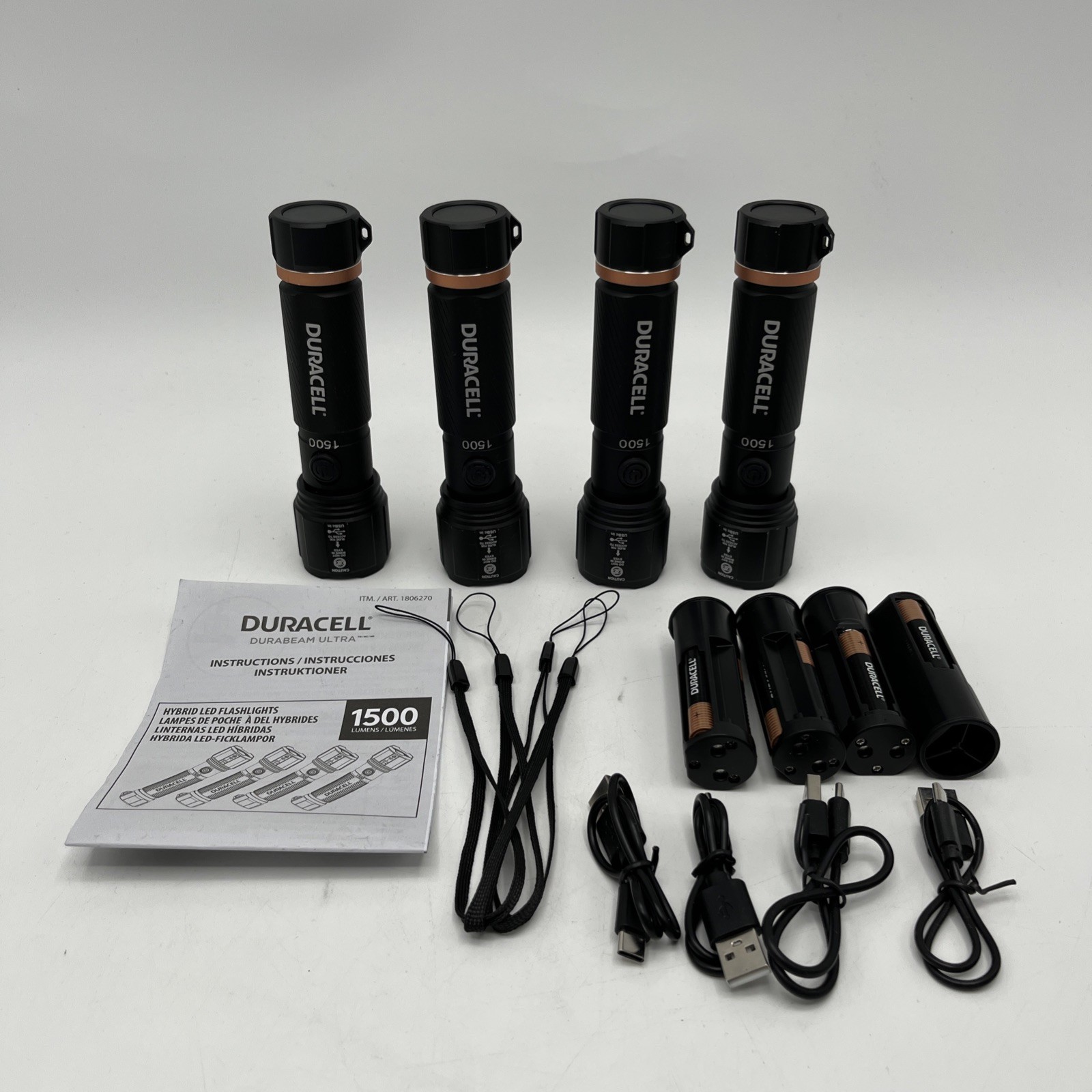 4 pk Duracell Durabeam Ultra Hybrid LED Flashlight 1500 Lumens Rechargeable AAA