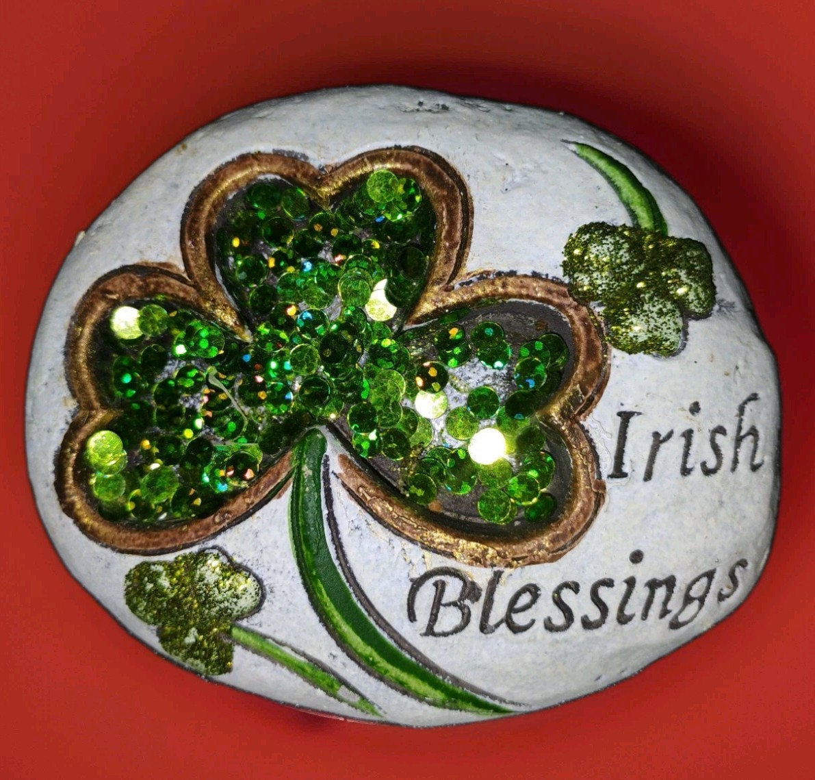 Irish Blessings and Luck of the Irish Sequined Shamrock Paperweight Set