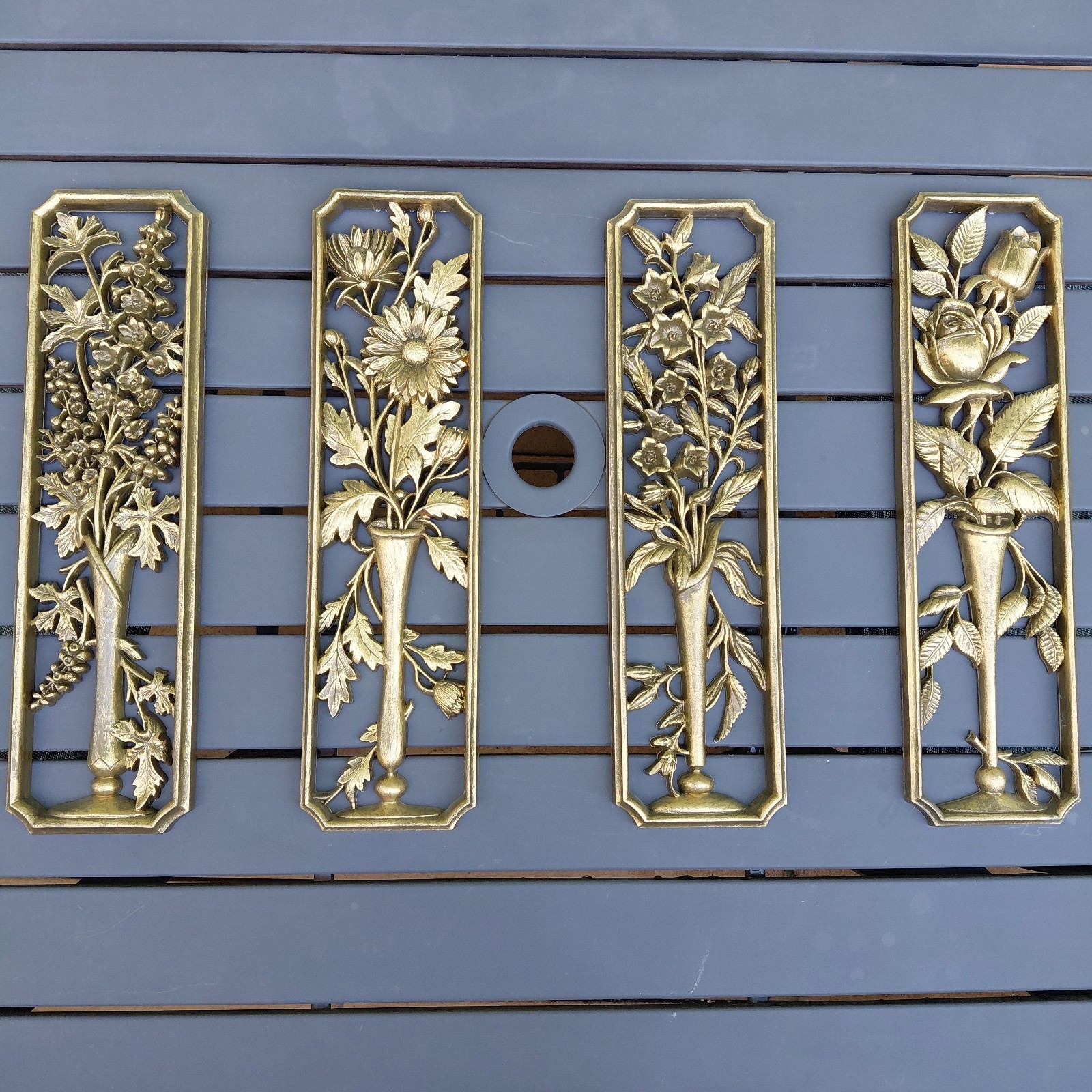 VTG Burwood Floral Wall Art Plaques Gold Tone Hollywood Regency Set of 4 MCM