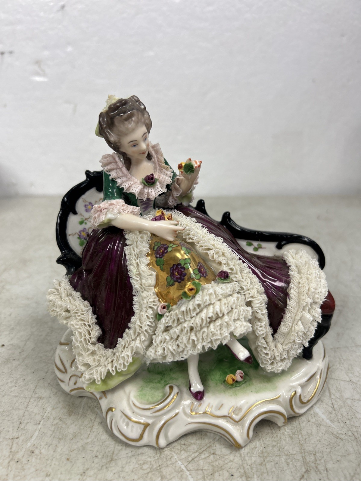 Vintage Volkstedt Germany Porcelain Lady On Settee Couch Figurine Dresden READ